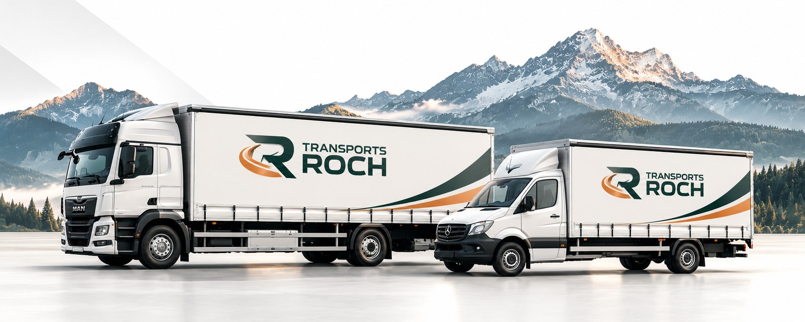 Camion porteur MAN et utilitaire Mercedes aux couleurs Transports Roch